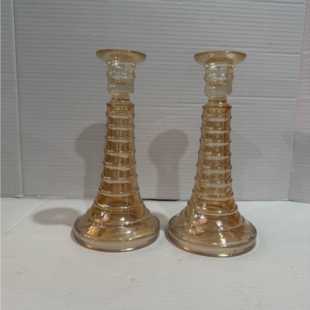 Vintage Romantic Regency Carnival Glass Candlestick Pair Ribbed Spiral Columns